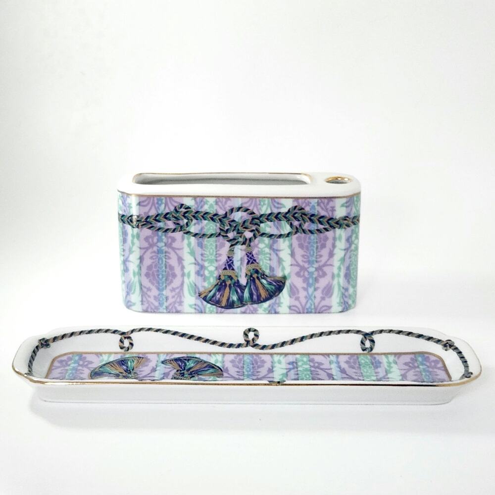 Vintage Neiman Marcus Desk Set Pen & Note Holder w/ Tray, Lavender & Teal Tassel
